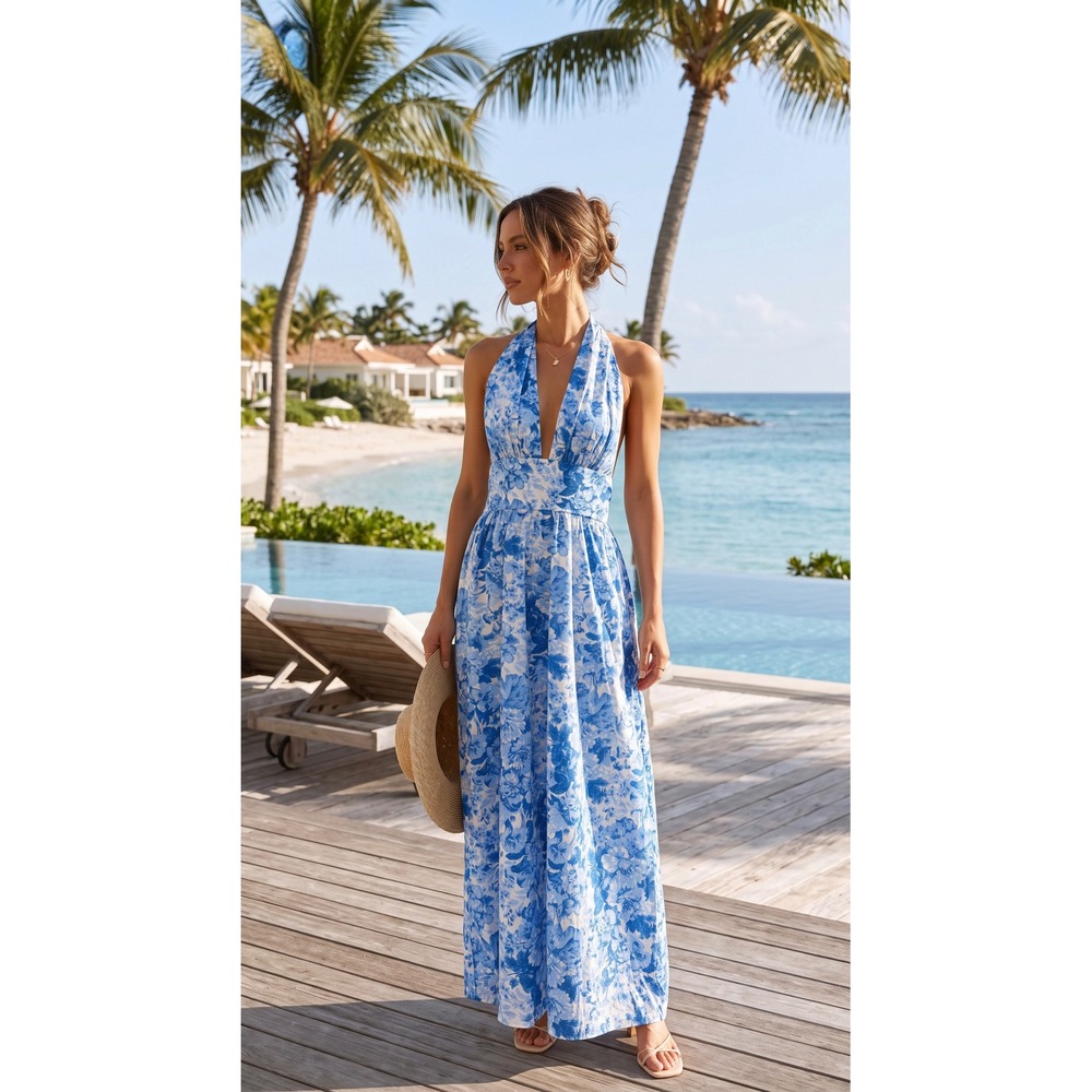 Zara Blue White Floral Halter Midi Dress Open Back Plunging VNeck Banded Waist M